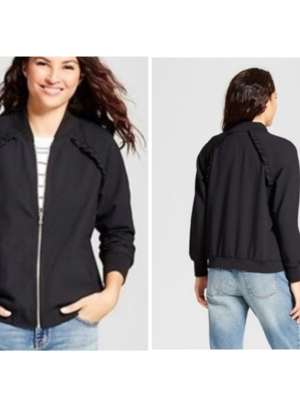 Women’s Black Ruffle-Trim Bomber Jacket